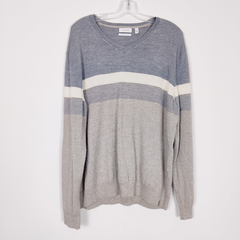 Calvin Klein Men's Striped Sweater in Cream & Blue Size XXL Wool Blend